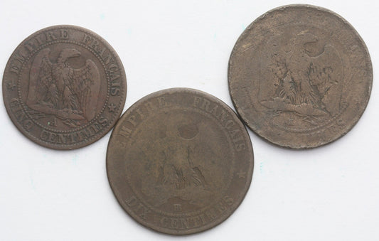 Lot 3 szt. Francja, 5 centymów + 2 x 10 centymów 1857/63, st. 4